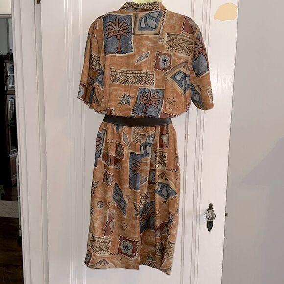 Vtg 80s/90s Positive Attitude Brown, Tan & Blue Wrap Look Tropical Print Dress - Picture 7 of 9